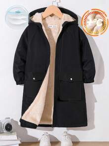 SHEIN 青少年男童休闲毛绒衬里连帽中长款厚梭织夹克，适合上学、花园、海滩、生日、春季、夏季、秋季、冬季 - 黑色 - 查看 10