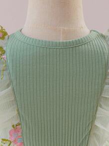 Glamorique Kids Robe de fête de demoiselle d'honneur pour filles bébé, nouvelle robe de printemps/été en tricot avec manches courtes, taille avec broderie, maille élégante et fleurs mignonnes pour mariage - Vert menthe - Voir 3