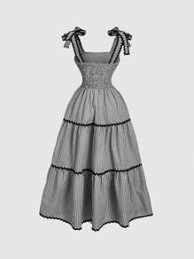 SHEIN MOD 女式黑白格子印花领结连衣裙，适合情人节、度假、可爱、波西米亚风、音乐节 - 黑與白 - 查看 2