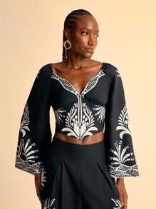 CAJUNI Women's Casual Vacation Tropical Print Long Sleeve Tops Autumn Women's Concert Tops Going Out Tops Women's Bohemian Style Women's Birthday Casual Blouses For Ladies  Black Top - Black and White - View 5