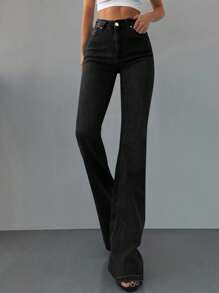EURMUSE 98%Cotton Slim Fit Slant Pocket Casual Flared Jeans - Black - View 3
