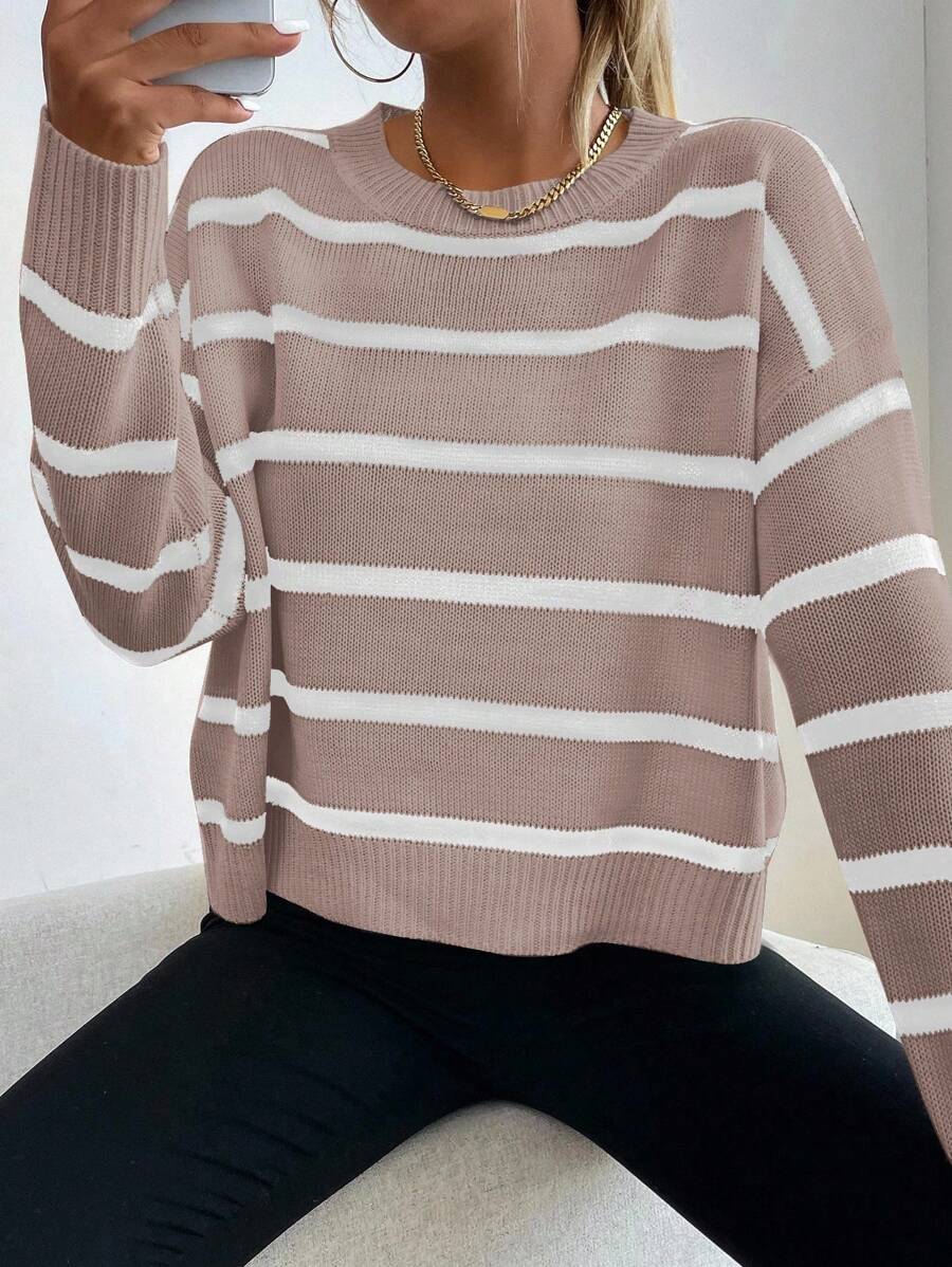 Chiquease Striped Pattern Drop Shoulder Sweater,Long Sleeve Tops Knit Pullover Fall Winter Outfit - Multicolor - View 1