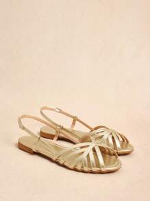 Rosivie 女士户外方头平底金色 PU 材质时尚简约舒适日常凉鞋，带扣带