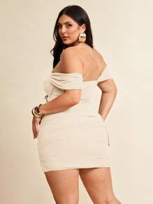 SHEIN BAE Plus Size Women's Black Ruched Hem Ruffled Tie Waist Netted Knit Off Shoulder Elastic Casual Mini Dress, Suitable For Daily Wear, Outing, Date, Afternoon Tea, Vacation, Spring/Fall, Back To School Season,Formal Dresses For Women/ Plus Size Ruched Dress/ Off The Shoulder Dress/ Bodycon Dress,Fall Dresses For Women - Apricot - View 2