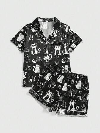 Goth Ensemble de pyjama avec chemise ouverte à l'avant et short, style gothique foncé avec imprimé chat
