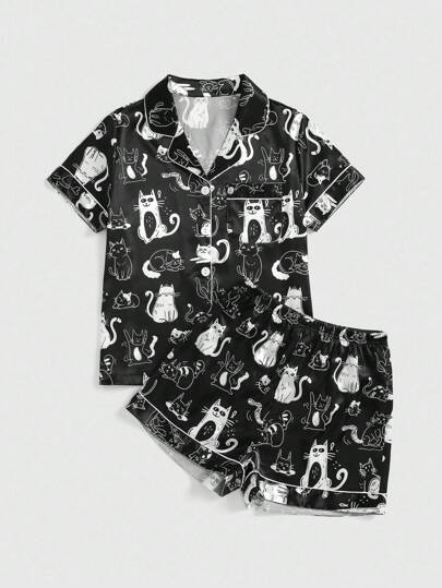 Goth Set pigiama composto da camicia e pantaloncini corti con stampa di gatti, in stile gotico e scuro