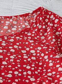SHEIN LUNE 女式碎花休闲度假短袖衬衫 - 紅色 - 查看 4