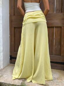 Sunnyshic 柔黄色纹理褶皱阔腿休闲裤