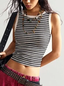 Bohemela Boho Beach Vacation Casual Striped Knit Contrast Lace Backless Round Neck Sleeveless Form-Fitting Women Tank Top - Black and White - View 2