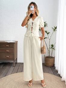 SHEIN LUNE 2pcs Women's Casual Shell Trim Tie Front Shirt And Pants Setvacation Outfits Womanbohoteacher Outfitsboho Women Clothinggoing Out Outfitsvacation Two Pieces Setgoing Outcasual Women Outfits Bohemian Clothes For Women - Apricot - View 7