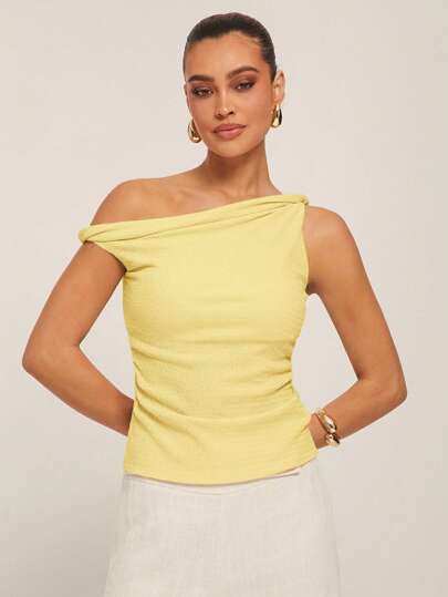 Silquee 女士纯色褶皱不对称肩部修身时尚T恤