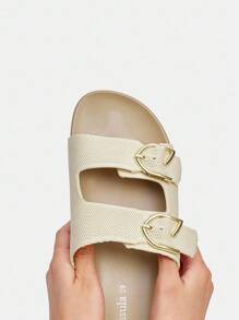 Fashionable Women's Adjustable Buckle Flat Slide Sandals - Beige - View 6