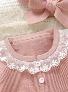 SHEIN 2 件套女婴连体衣和头带套装，粉色蕾丝边针织连体衣，柔软舒适，适合日常、外出、旅行、度假、居家、日托和玩耍