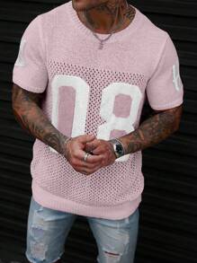 Manfinity Homme 数字印花圆领镂空休闲百搭短袖针织上衣 - 淺粉色 - 查看 4