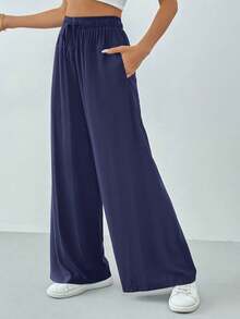 SHEIN Tall Women Spring/Summer Casual Solid Color Drawstring Wide Leg Pants Navy Blue Pants - Royal Blue - View 8