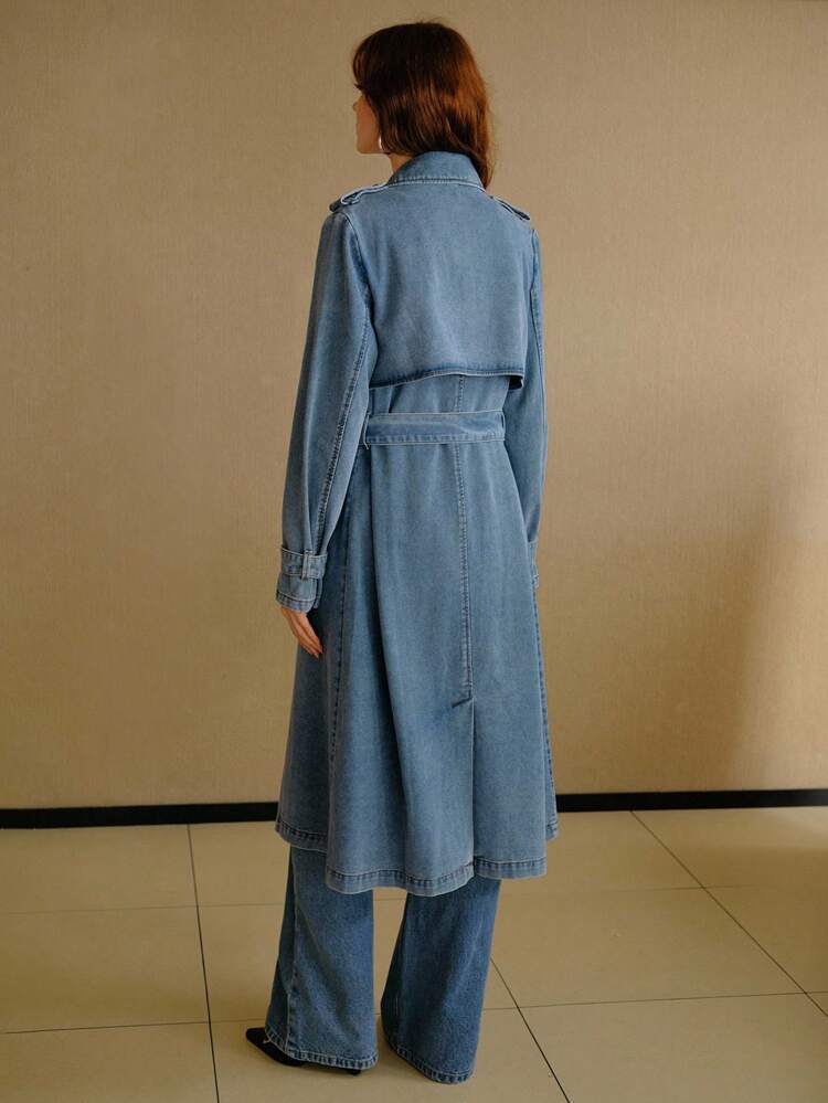 CASUAL ELEGANT LOOSE DOUBLE BREASTED PLACKET BELTED DENIM TRENCH COAT