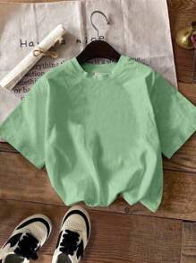 SHEIN ModeFlare Wear 青少年休闲圆领短袖T恤，适合夏季 - 薄荷綠 - 查看 3