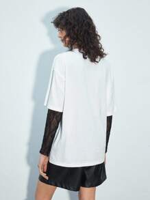 Maija Blusa suelta de manga corta con cuello redondo, de ajuste holgado, de color blanco, con diseño gráfico con perlas y cristales brillantes, versátil y alegre, adecuada para fiestas y festivales de San Valentín