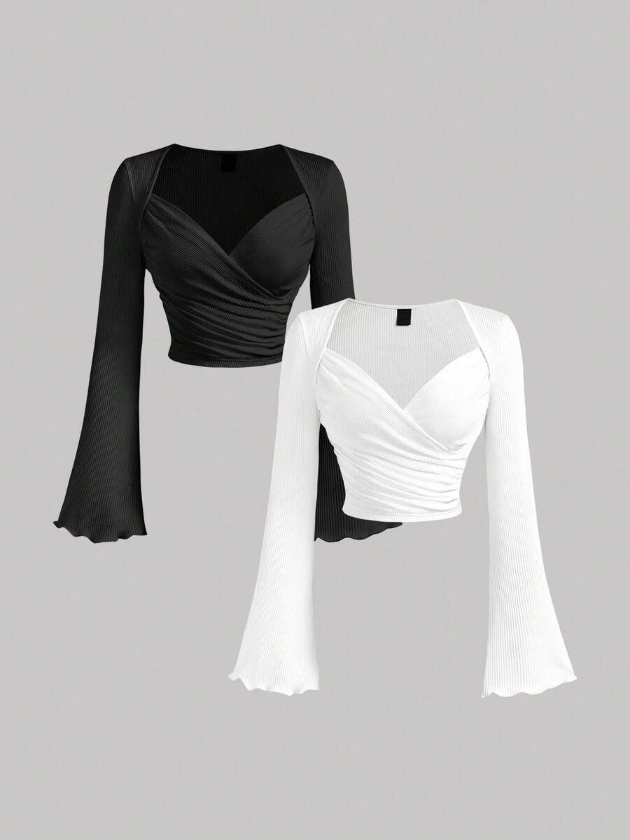 SHEIN MOD 2pcs Black & White Women Sweetheart Collar Ruffle Flare Sleeve T-Shirt, Classy Tops,Fall Clothes For Women,New Year, Elegant Tops,Going Out Tops, Wrap Tops For Women,Halloween, Christmas, Winter Clothes,Business Casual Woman,Works For Women,Boho - Black and White - View 1