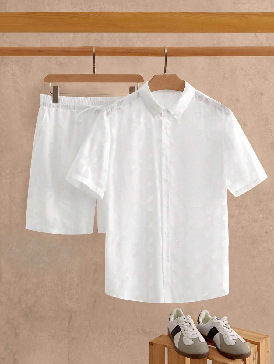 Manfinity NXTstreet 2pcs Men's Tinted Jacquard Cut-Out Short Sleeve Polo Shirt And Matching Shorts Set Men 2 Pieces Outfit Men's Shirt Set Men White Short Sleeve Beach Shirts Men White Cropped Shirts - Apricot - View 1
