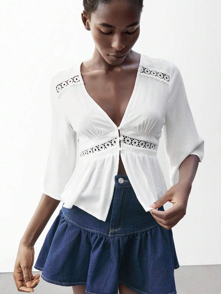 SHEIN Maija Women's White Button-Front Lace Patchwork Casual Beach Vacation Boho Style Plain Loose Mid-Sleeve Blouse, Suitable For St.Patrick's Day, Spring Break, Easter, Music Festival Back To School Funny Shirt Business Casual Woman Going Out Top Women Going Out Top Going Out Going Out Top For Going Out Cute