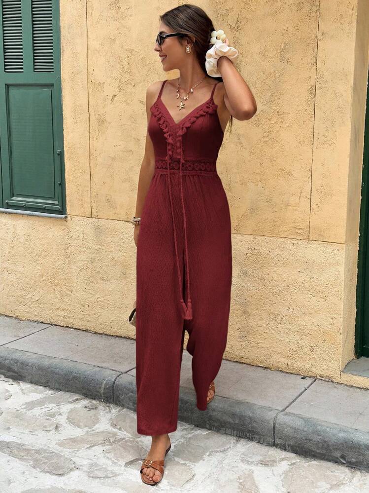 Serisse Combinaison sans manches de couleur unie pour femme, adaptée pour les vacances et le port décontracté - Lie de vin - Voir 4