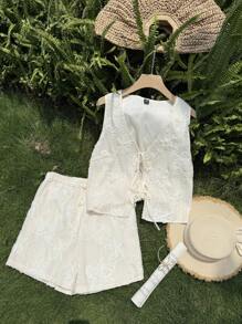 Comfortcana 大码女式花卉提花系带背心和短裤两件套，休闲 - 杏色 - 查看 6