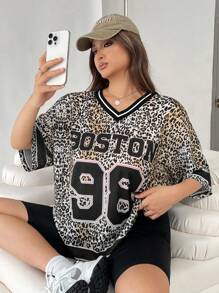 SHEIN EZwear Plus Size Leopard Print V-Neck See-Through T-Shirt, Spring/Summer - Multicolor - View 5