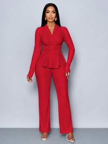 SOLERSUN 女士杏色优雅 V 领长袖 T 恤和阔腿裤两件套，不对称下摆两件套服装，休闲日常穿着，女士冬装 - 紅色 - 查看 3