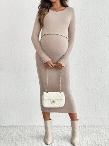 SHEIN 孕妇杏色圆领长袖修身优雅哺乳连衣裙，女士秋季连衣裙外出连衣裙裹身裙秋季连衣裙秋季连衣裙秋季女装 Felpa 秋季女装秋季米色 - 卡其色 - 查看 5