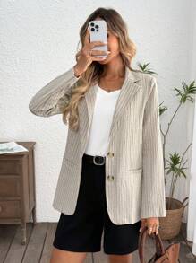 SHEIN LUNE Casual Women's Cotton Linen Striped Blazer, Cotton Back To School Teacher Fall Business Casual Fall Office Winter Lounge Work Teacher Old Money Style Old Money Travel Airport Office Winter Fall