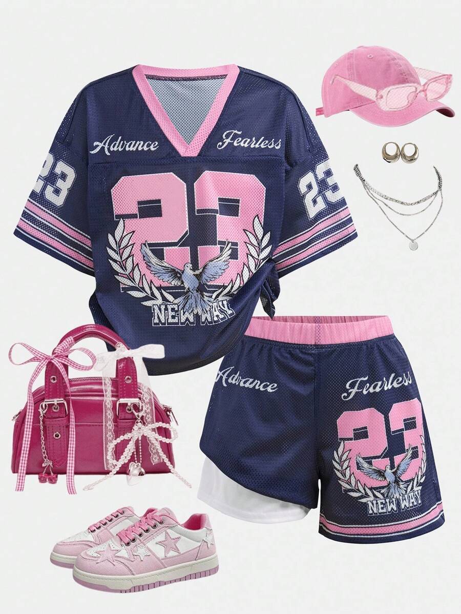 SHIEN Tween Girls 2 chiếc/Bộ Áo thun rộng cổ chữ V in hình cành ô liu tối giản giản dị và quần short Jersey, Bộ đồ thể thao mùa hè - Màu tím - Xem 1