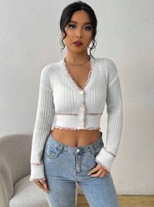 Chiquease Women Elegant Contrast Trim Cropped Cardigan Fall Winter Cloth For Women