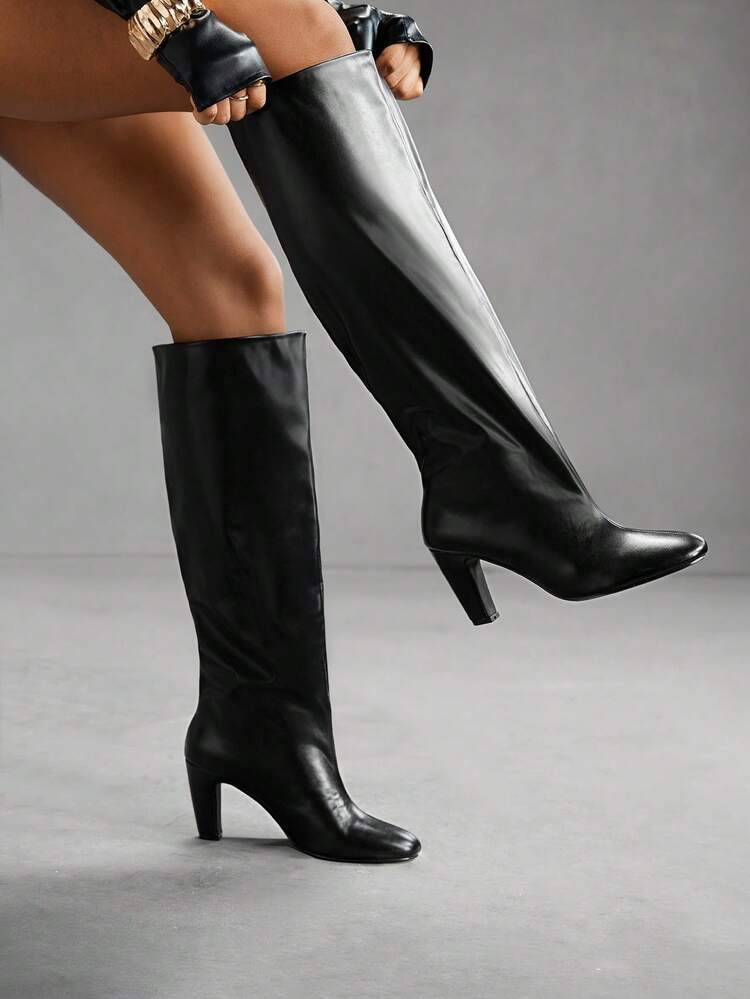 CUCCOO SZL Women's Thick Heel Round Toe Fashion High Boots, Black Leather, Suitable For Party And Work, Comfortable