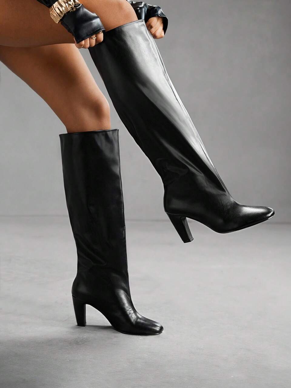 CUCCOO SZL Women's Thick Heel Round Toe Fashion High Boots, Black Leather, Suitable For Party And Work, Comfortable