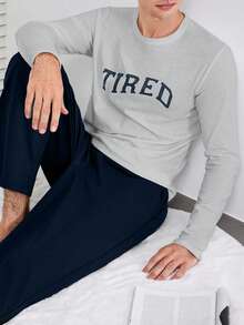 RueChic Bộ đồ ngủ nam 100% cotton áo thun họa tiết chữ và quần - Xám - Xem 4
