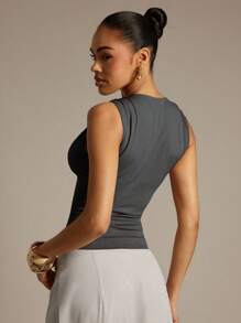 Hauture Women's Solid Color Twist Design Fitted Sleeveless Fashion Top