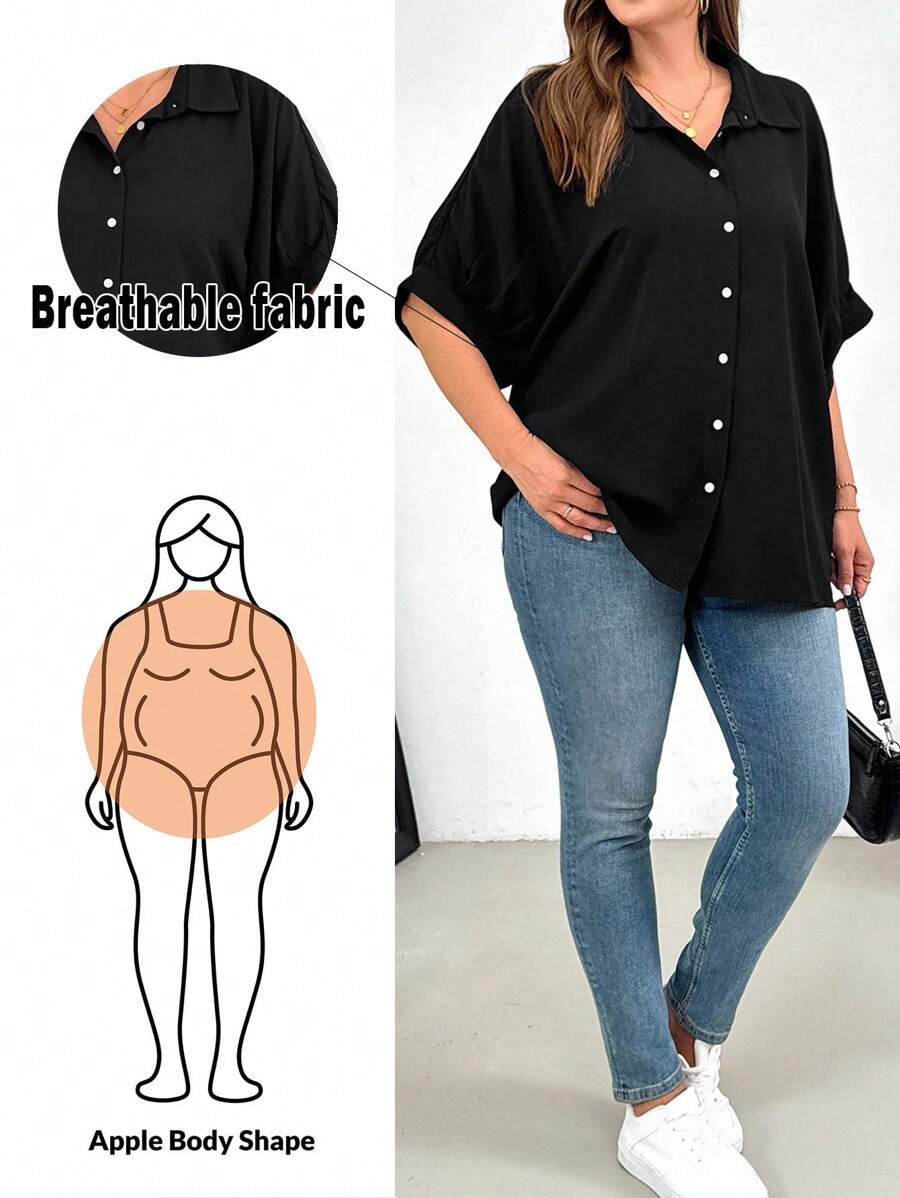 Shapeblank 大码女装春夏时尚休闲宽松舒适日常基本款百搭修身轻薄凉爽黑色纽扣衬衫、女式衬衫、工作上衣、教师衬衫、简约风格