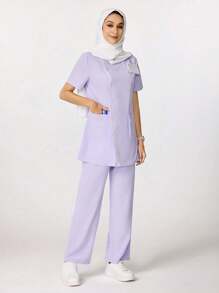 TaskEZ 蕾丝拼布休闲宽松多口袋上衣和高腰直筒裤/女士护理手术制服套装女士手术服套装女士服装 2 件护士手术服套装女士 - 紫色 - 查看 6