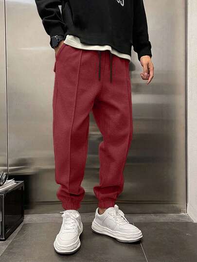 Cottnline Cotton Men's Solid Color Drawstring Waistband Sweatpants With Pockets And Elastic Cuffs