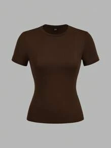 SHEIN EZwear 3件套女士休闲紧身长袖圆领T恤套装，颜色：深棕色、卡其色、浅杏色，适合夏季