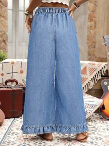 EMERY ROSE Plus Size Denim Vacation Style Frill Trim Wide Leg Pants - Medium Wash - View 2