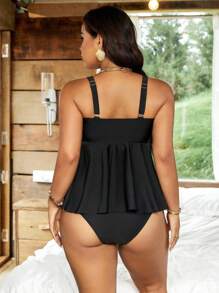 Swim Lushoire 2 件大码女式夏季可调节肩带褶皱黑色迷你裙搭配高腰三角下装海滩度假装 - 黑色 - 查看 2