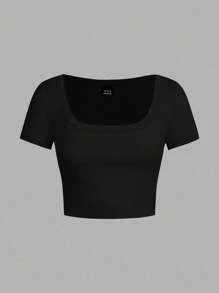 SHEIN EZwear 4 件套休闲简约黑色、深酒红色、灰色、白色圆领/方领短袖短款紧身 T 恤女款，适合夏季 - 彩色 - 查看 9