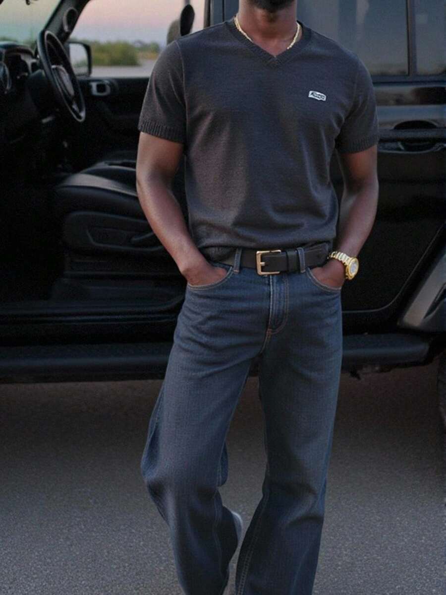 Manfinity Homme Men's Casual Lettered Logo Short Sleeve Knit Top, Summer Back To School - Dark Grey - View 1