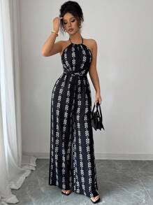 Rafferiza 女士优雅吊带扭纹交叉带松紧腰阔腿无袖连体裤 - 黑色 - 查看 3