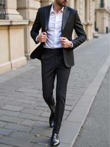 Manfinity Mode 男士棋盘格图案长袖夹克和裤子休闲西装套装 - 黑色 - 查看 1