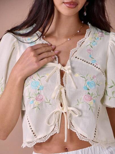 Enchnt 女士度假休闲花卉刺绣系带衬衫