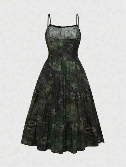 Fairycore Vintage Halloween Decaying Plant Texture All-Over Print Waist Cinched Long Dress, Autumn/Winter