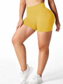 SHEIN Sports Plus Size Solid Color High Waist Seamless Sports Shorts